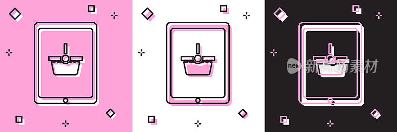Set Shopping basket on screen tablet icon isolated on pink and white, black background. Concept e-commerce, e-business, online business marketing. Vector Illustration